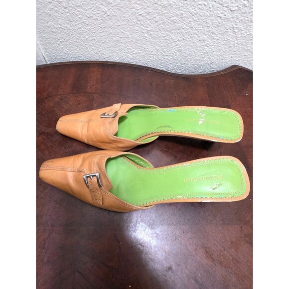 Naturalizer Tan Leather Mule Heels Buckle Detail & Green Insoles Size 8N - Picture 4 of 12